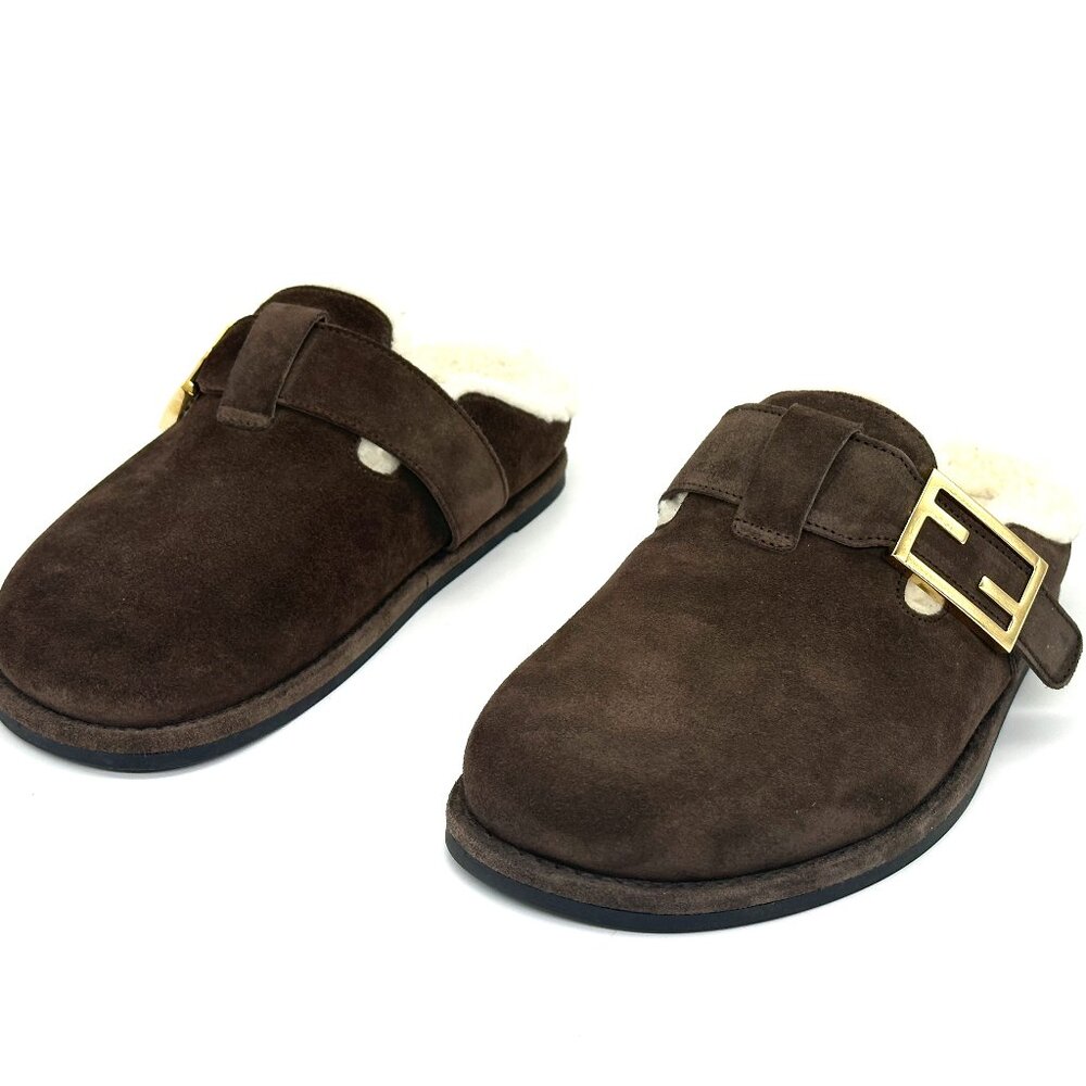 FENDI Feel FF Shearling  Buckled Sabots Mules Slides Flat Clog Sandals - Picture 13 of 16